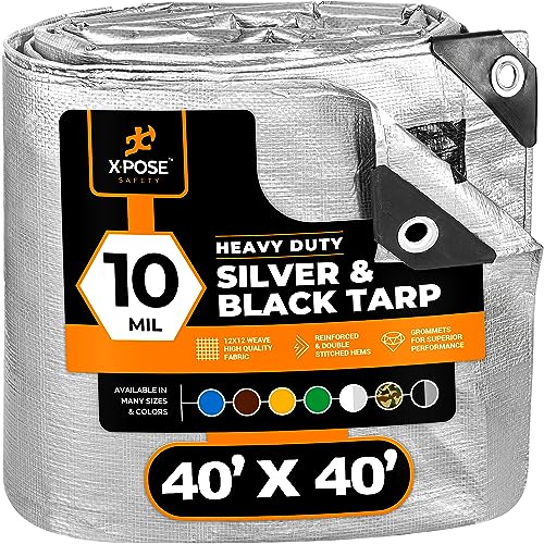 Heavy Duty Poly Tarp - 40 X 40 - 10 Mil Thick Waterproof UV Blocking Protective Cover - Reversible Silver and Black - Laminated Coating - Grommets - by Xpose Safety