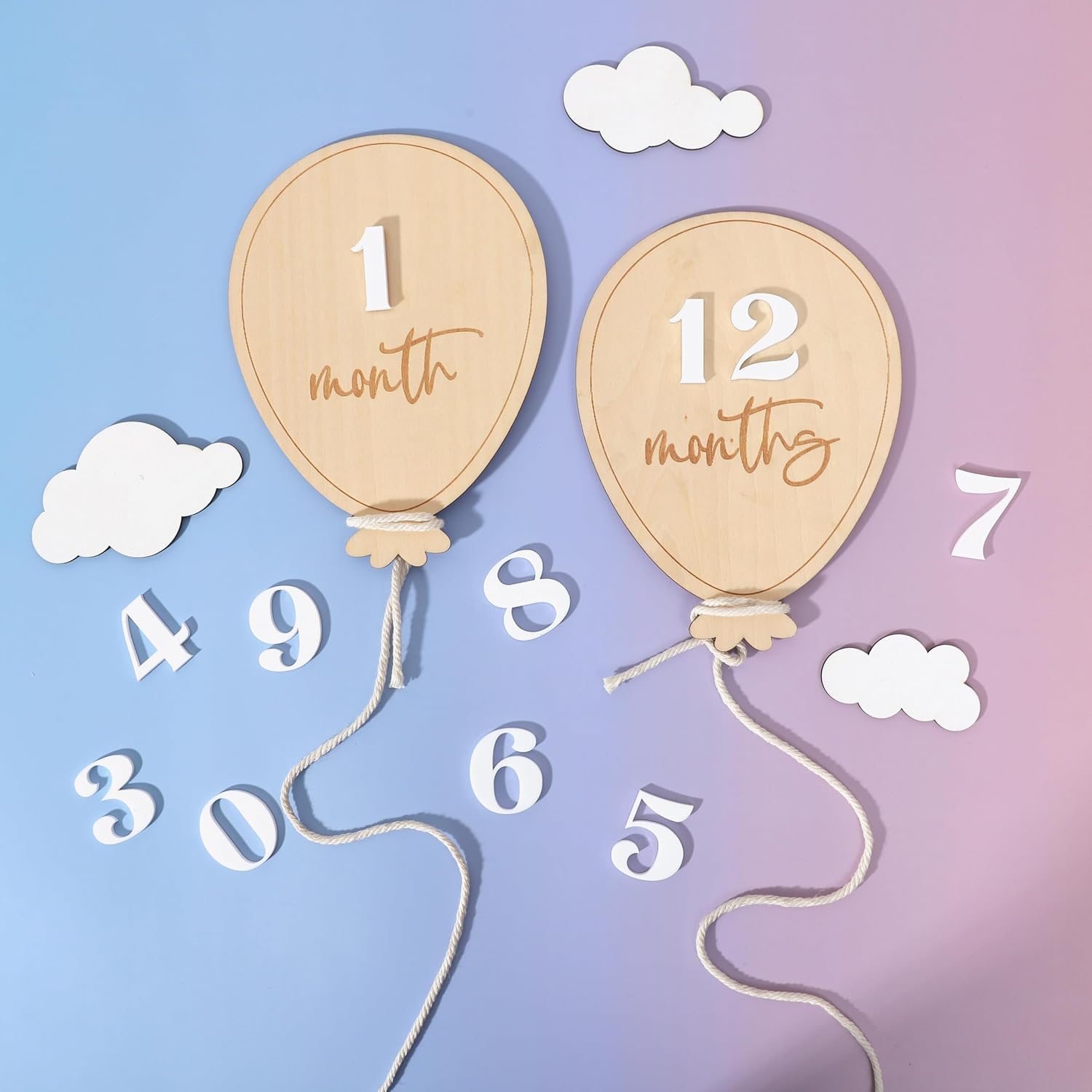 12 Pcs Baby Monthly Milestone Balloon Set with 3 Cloud-1.5IN MDF Props, 4 Inch Pine MDF, Newborn Monthly Photo Prop, Reusable Number Set for Baby Photography-image-33
