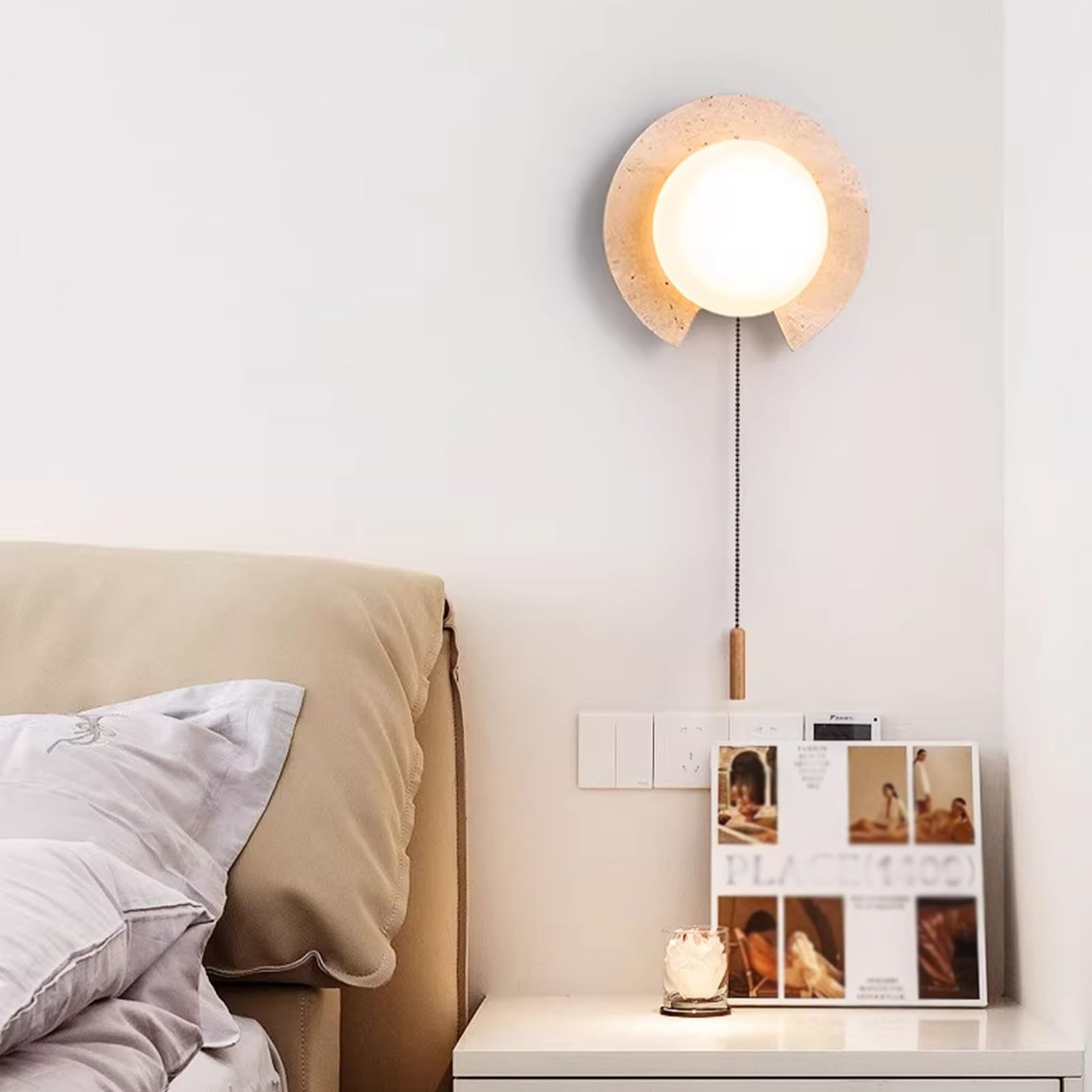 Lámpara de pared redonda de piedra natural, Wabi-Sabi | Aplique de pared de travertino amarillo con pantalla de cristal de leche, luz de pared de mármol moderna