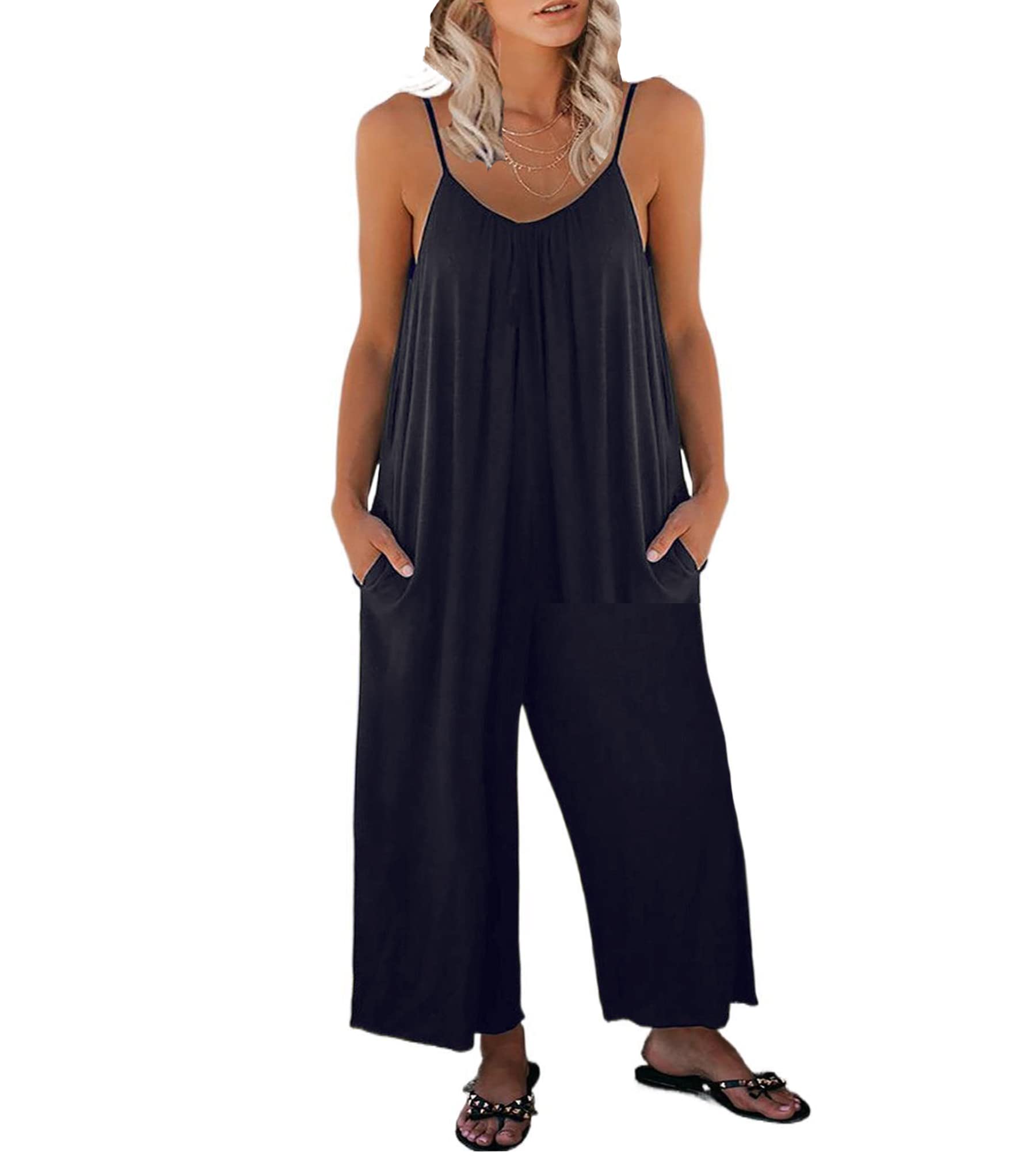 Jengo Women's Loose Sleeveless Jumpsuits Spaghetti Strap Stretchy Long Pant Romper Jumpsuit with Pockets Baggy Playsuit Romper