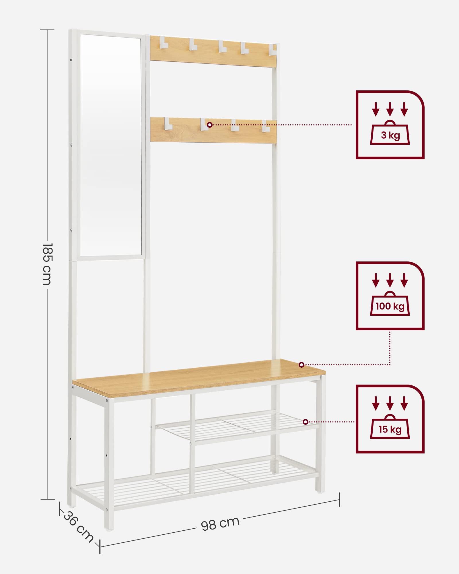 VASAGLE Appendiabiti, Mobile Ingresso con Ganci, Specchio, Panca Scarpiera e Ripiani, 36 x 98 x 185 cm, Corridoio Camera da Letto Salotto, Color Rovere e Bianco HSR050W09