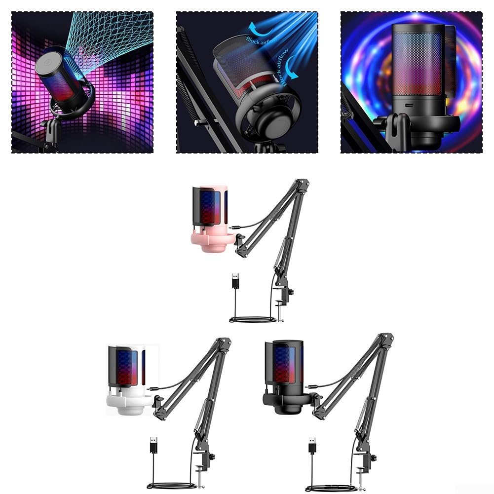 Microphone USB avec technologie de suppression du bruit et motif directionnel cardioïde offrant un gain réglable et RVB pour les jeux et l'enregistrement vocal (rose)
