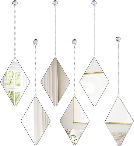 Espejo de pared de diamante de 6 piezas con espejo colgante de cadena con marco de mango de diamante, espejo de cadena decorativo para entradas del