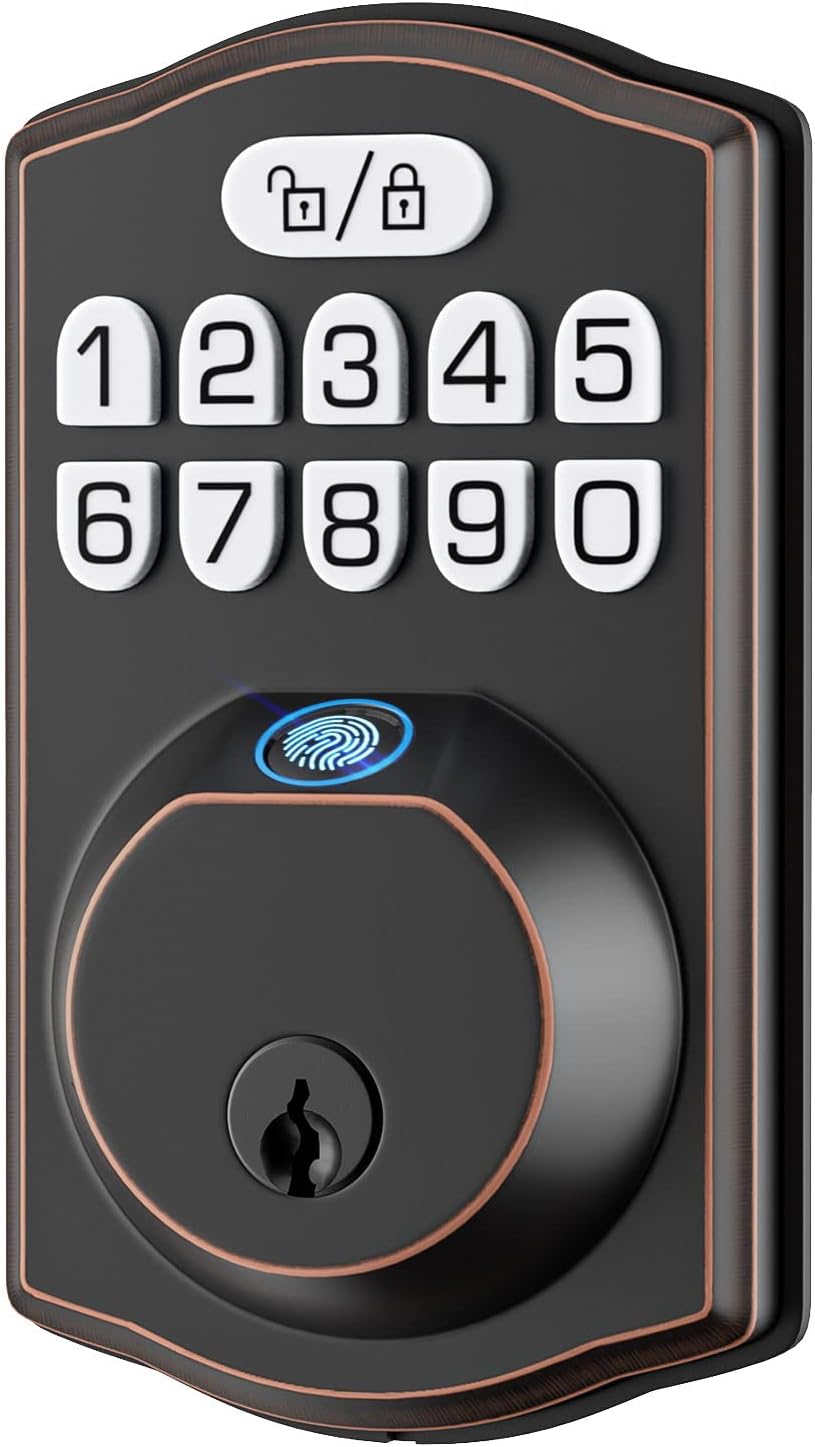 HOSOM Smart Deadbolt for Front Door, Fingerprint Keyless Entry Door Lock Electronic Keypad with 2 Keys, Biometric Smart Locks for Auto Lock, Anti Peeking Password, Easy Install, Oil Rubbed Bronze
