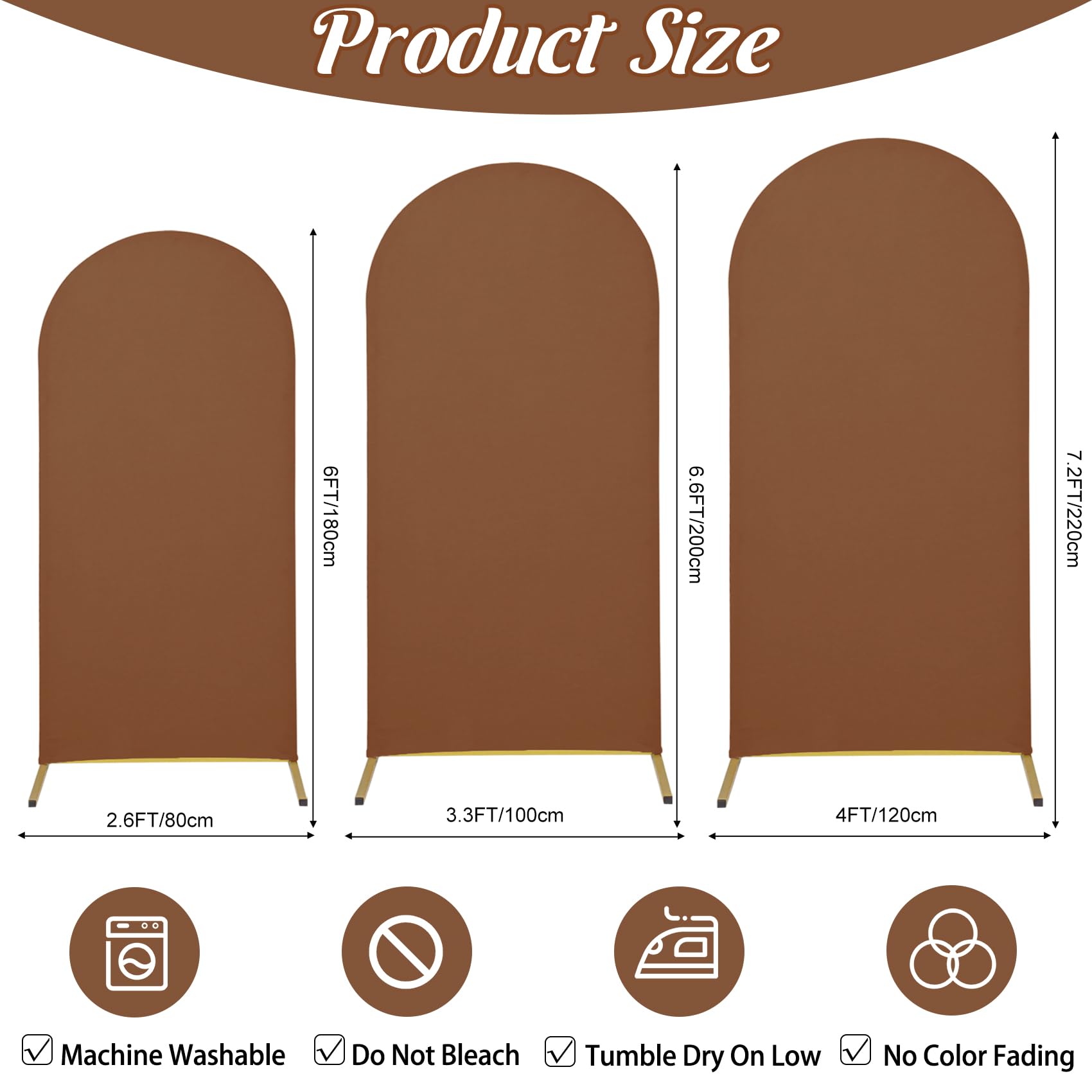 Spandex Fitted Wedding Arch Cover Set of 3 Brown Arch Backdrop Cover, Round Top Chiara Backdrop Stand Covers for Wedding Birthday Party Baby Shower Banquet Arch Decoration (Brown, 6FT,6.6FT,7.2FT)