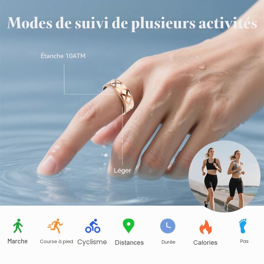 Bague Connectée Élégante pour Femme & Homme, Smart Ring Traqueur de Santé avec Fréquence Cardiaque, Oxygène Sanguin, Sommeil, Podomètre, 10ATM Étanche, Compatible iOS/Android, Fitness Ring (7)