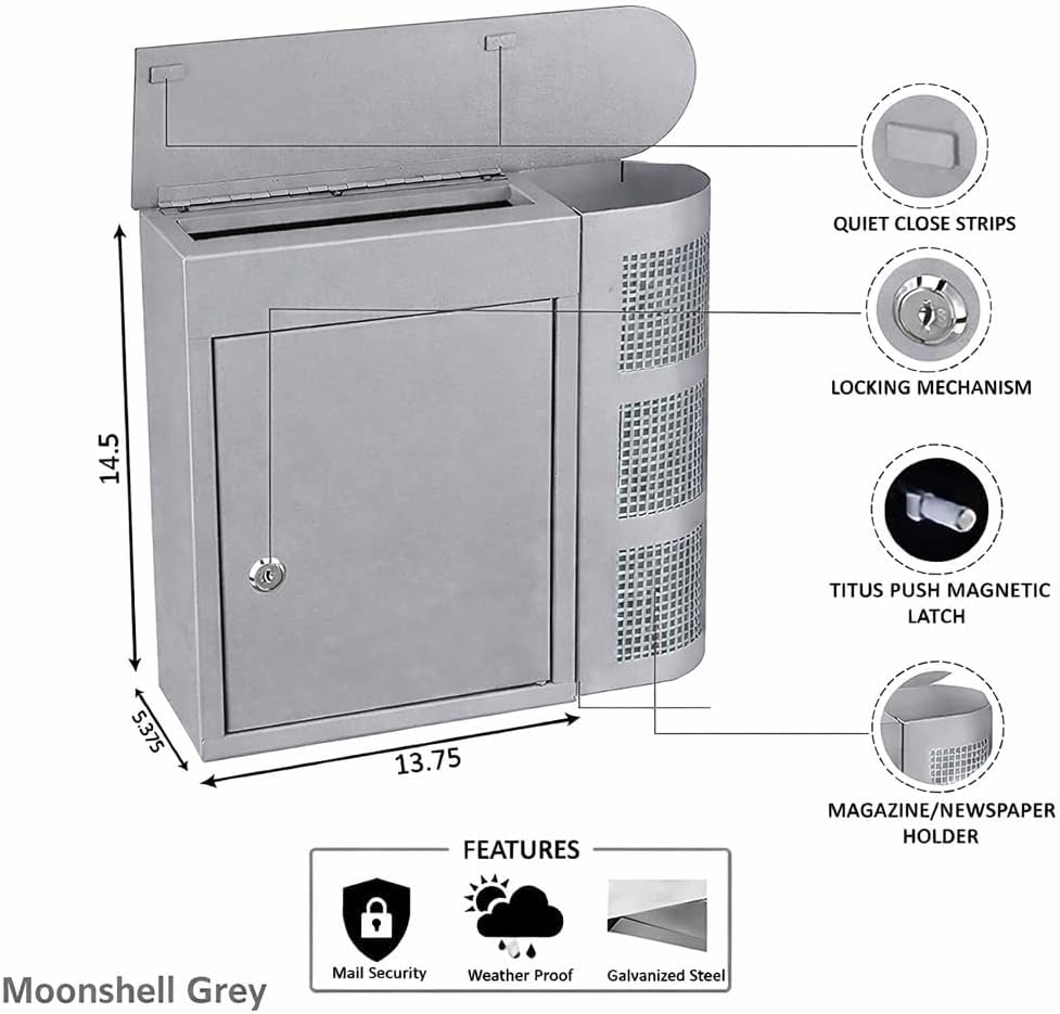 58744 Modern Mailbox Magazine Newspaper Holder, Rust & Weather Proof Steel Design, Vertical Wall Mount - Grey