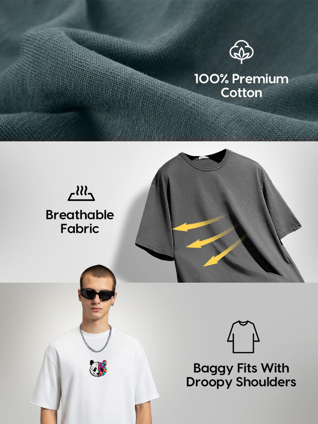 Bewakoof Maglietta da uomo in cotone con stampa grafica con taglio oversize, mezza maniche, scollo rotondo, abbigliamento casual streetwear, maglietta oversize in cotone da uomo