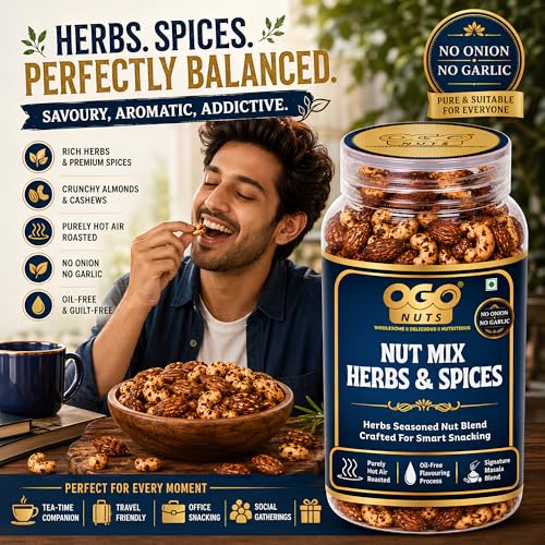 Image of OgoNuts Herbs & Spices Nut Mix, 200g | Hot Air Roasted Almonds and Cashews | Aromatic Herb & Spice Seasoning | No Onion No Garlic | Oil-Free Roasted Gourmet Nut Snack for Tea Time, Travel & Office