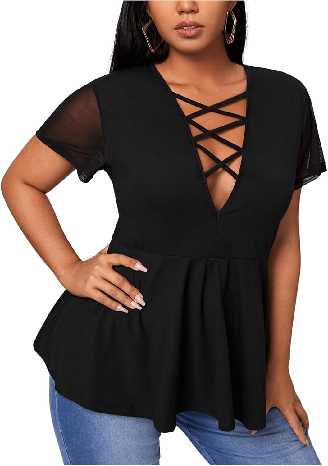 OYOANGLE Women's Plus Size Mesh Short Sleeve Criss Cross Front Plunging Neck Peplum Blouse - Image 5