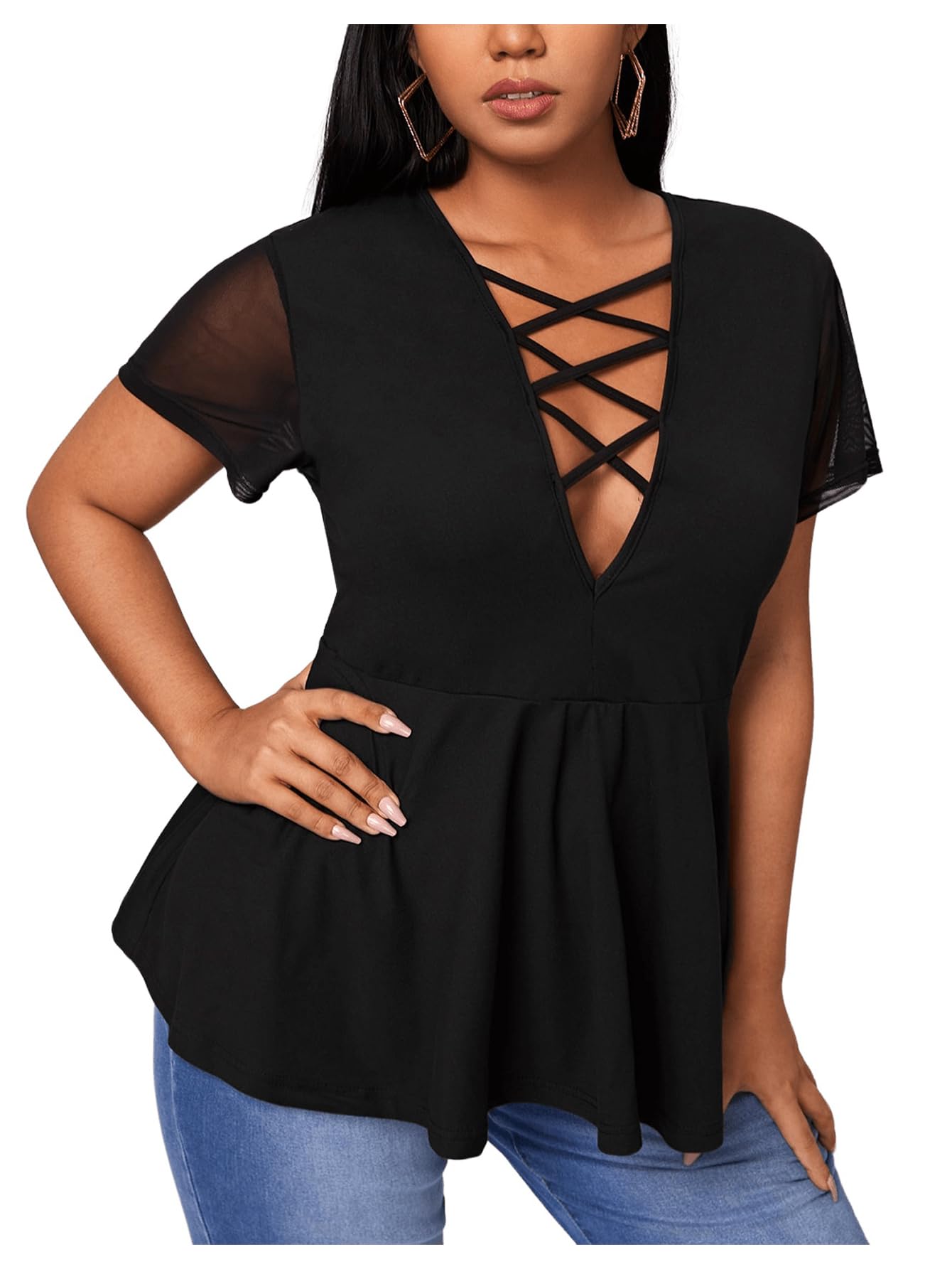 OYOANGLE Women's Plus Size Mesh Short Sleeve Criss Cross Front Plunging Neck Peplum Blouse