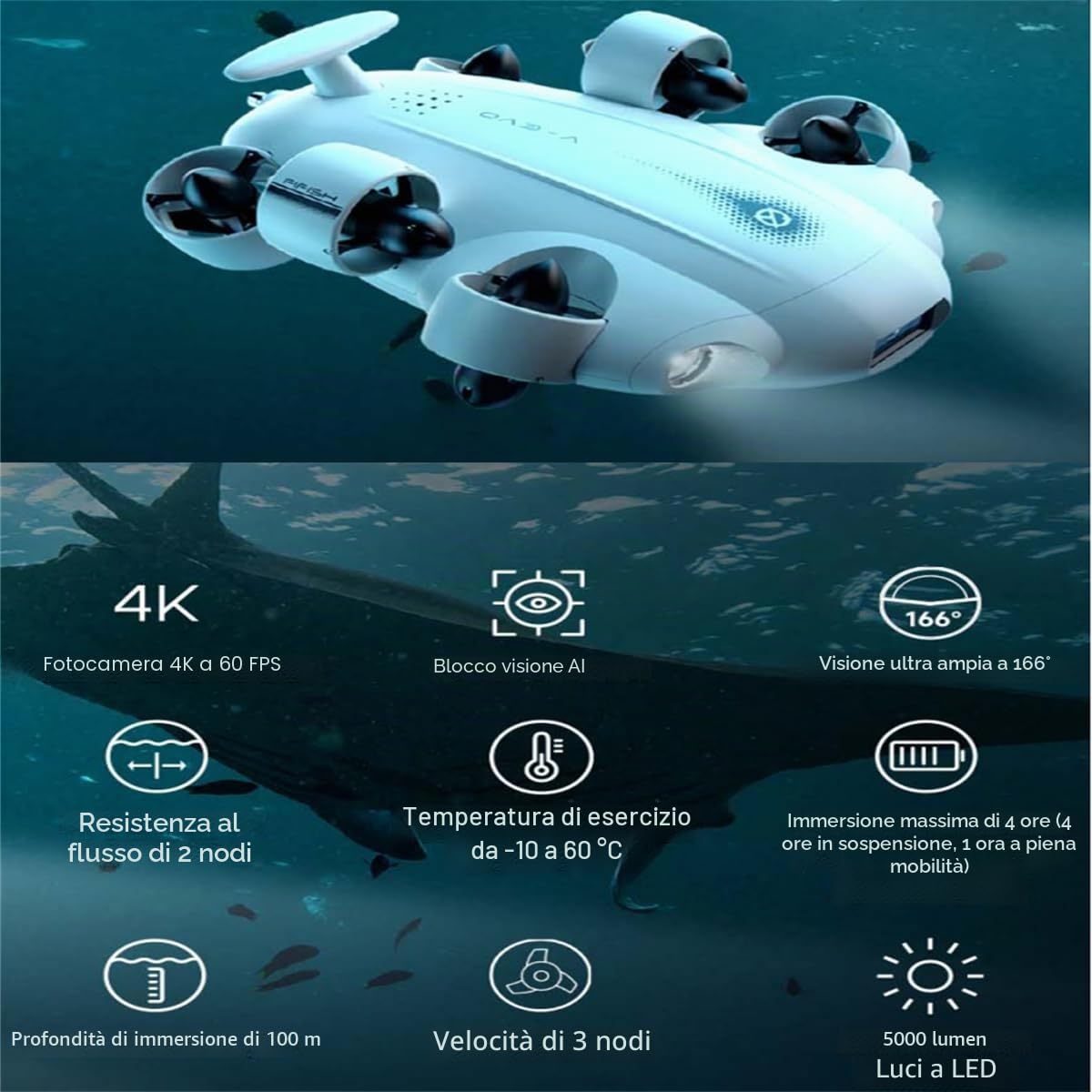 Drone subacqueo FIFISH V-EVO 4K con braccio robotico, blocco di visione AI Vision Lock, movimento omnidirezionale a 360°, immersione subacquea fino a 100 m, ROV