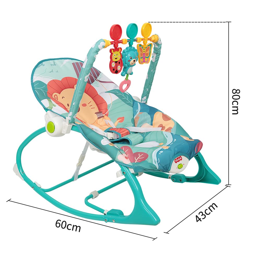 Transat Bébé Vibrations Apaisantes, Transat Evolutif et Siège Sauteur,3 Positions d'Inclinaison, Musique, 3 Points Harnais, 2 Jouets, Arche de Jeu, 0-6 Mois Jusqu'à 11 kg (bleu)