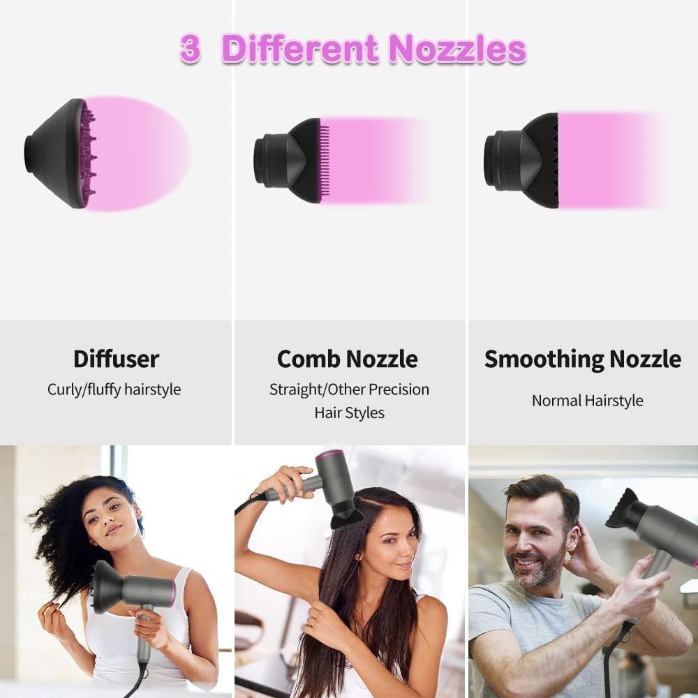 Faszin Föhn Ionen Haartrockner mit AC-Motor, schnellem trocknender Professioneller Fön mit 2 Geschwindigkeits- und 3 Hitzeeinstellungen, Kaltlufttaste, drehbarem 1 Diffusor & 2 Konzentratoren Grau