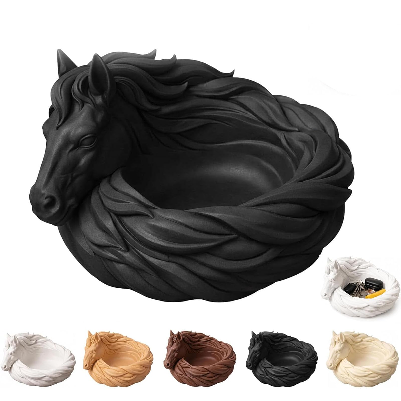 Horse Catchall Bowl, Horse Trinket Dish, Horses Head Sculpture Organizer Tray, Key Holder for Keys, Jewelry & Coins, entryway key bowl, Table Dresser Nightstand Decor for Horse Lovers (Black)