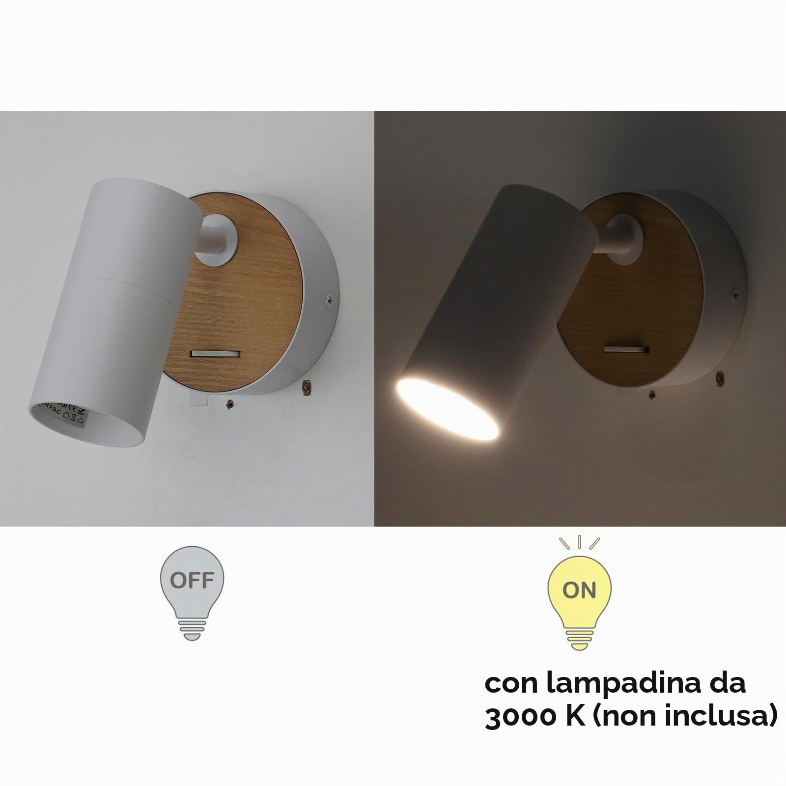 Alpinaluz Applique da Parete GU10 con Testa Cilindrica Orientabile a 350°, Base Rotonda Ø10 cm e Interruttore Integrato, Bianco e Legno Naturale, Stile Nordico, per Lettura, Camera o Soggiorno