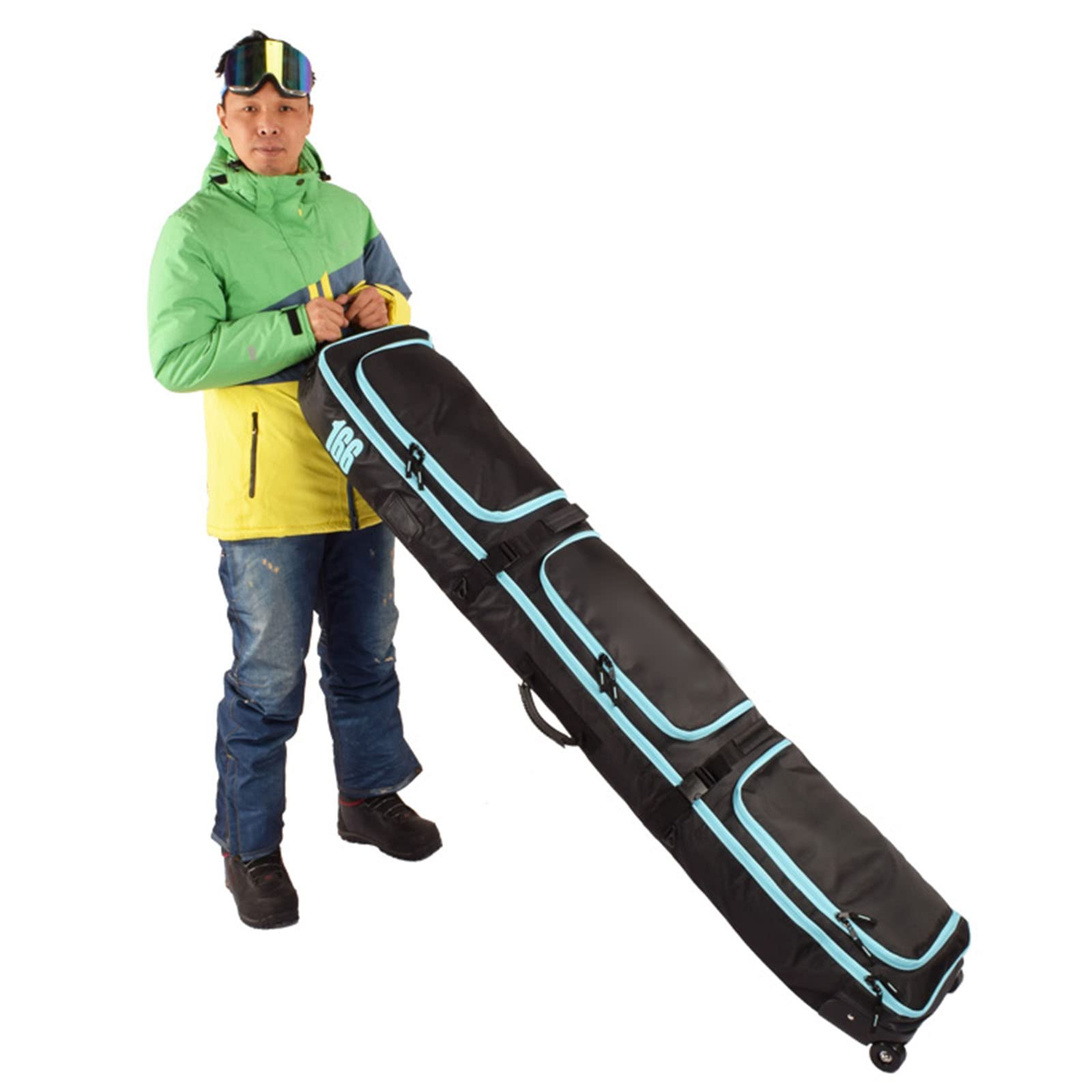 Multifunktionale, gepolsterte Skireise-, Kletter-, Campingtasche mit Rad/ohne Rad, Einzel-Doppel-Snowboardtasche mit 3 Aufbewahrungsfächern, Ski-Aufbewahrungstasche, herv