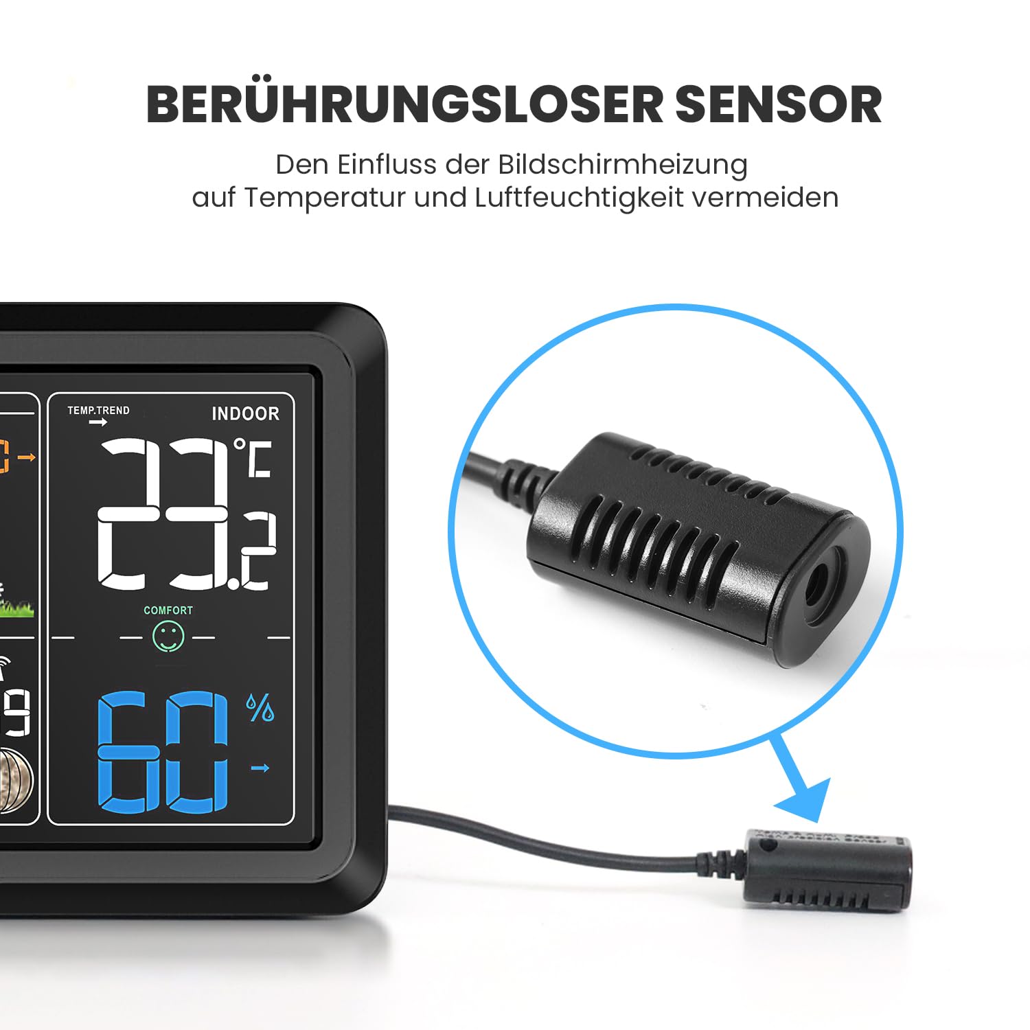 Newentor Wetterstation Funk mit Außensensor - Lebenslange Außensensor-Garantee - Lebendiges VA-Display für 330°Ablesbarkeit - Dauerhafte Beleuchtung, Schwarz