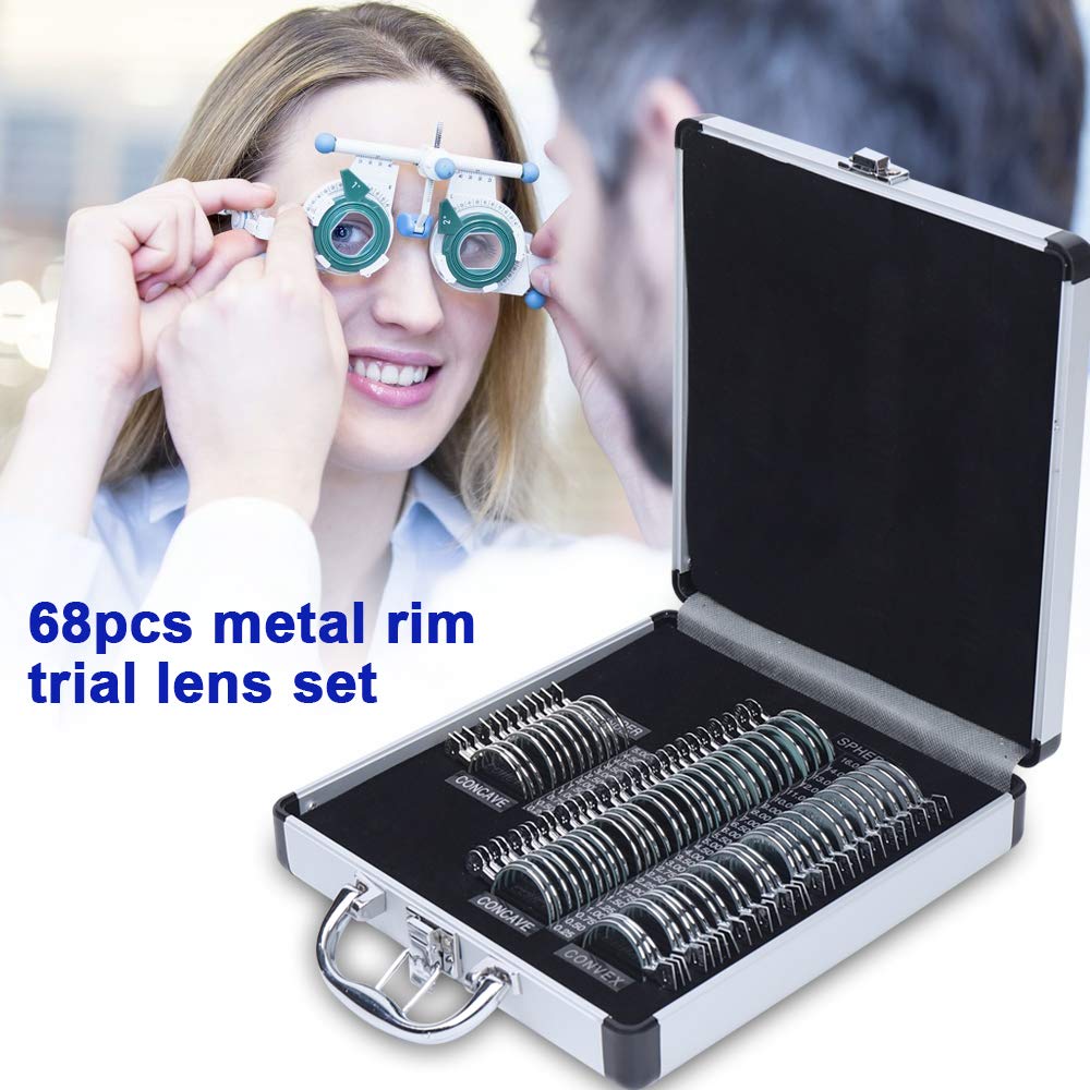 HAPPCUCOE Optical Test Lens Frame Optical Trial Lens Set Optometry Kit Metal Rim Aluminum Box Tool Optometry Rim Optometry Test Trial Frame (68 PCS)