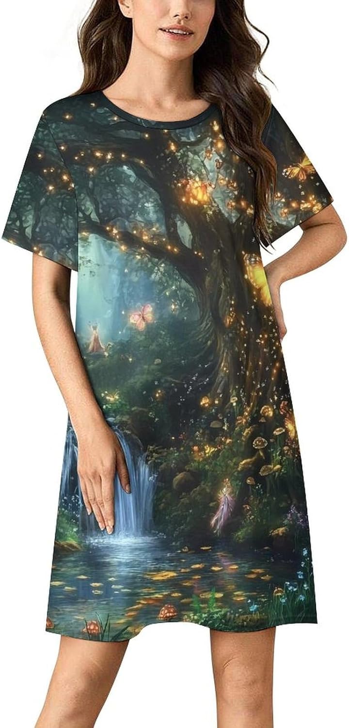 Forests Fairy Magical Tree Womens Nightgown Short Sleeve Sleepshirts Loungewear