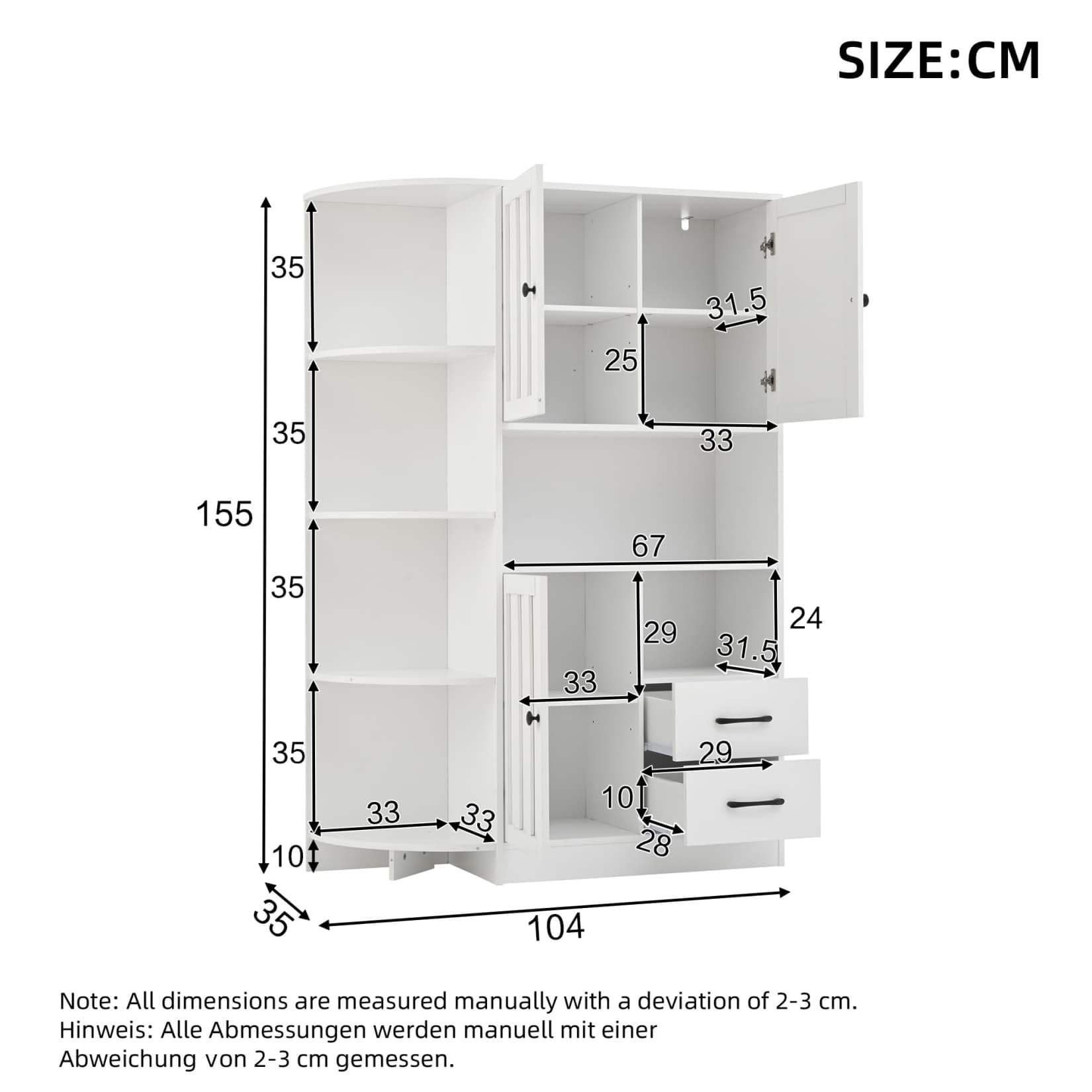 Meuble Cuisine,Armoire de Rangement 104x35x155,Placard Rangement,Buffet Cuisine,Commode Chambre,Vaisselier Salle a Manger avec 3 Armoires,2 Tiroirs,étagères Ouvertes,Blanc