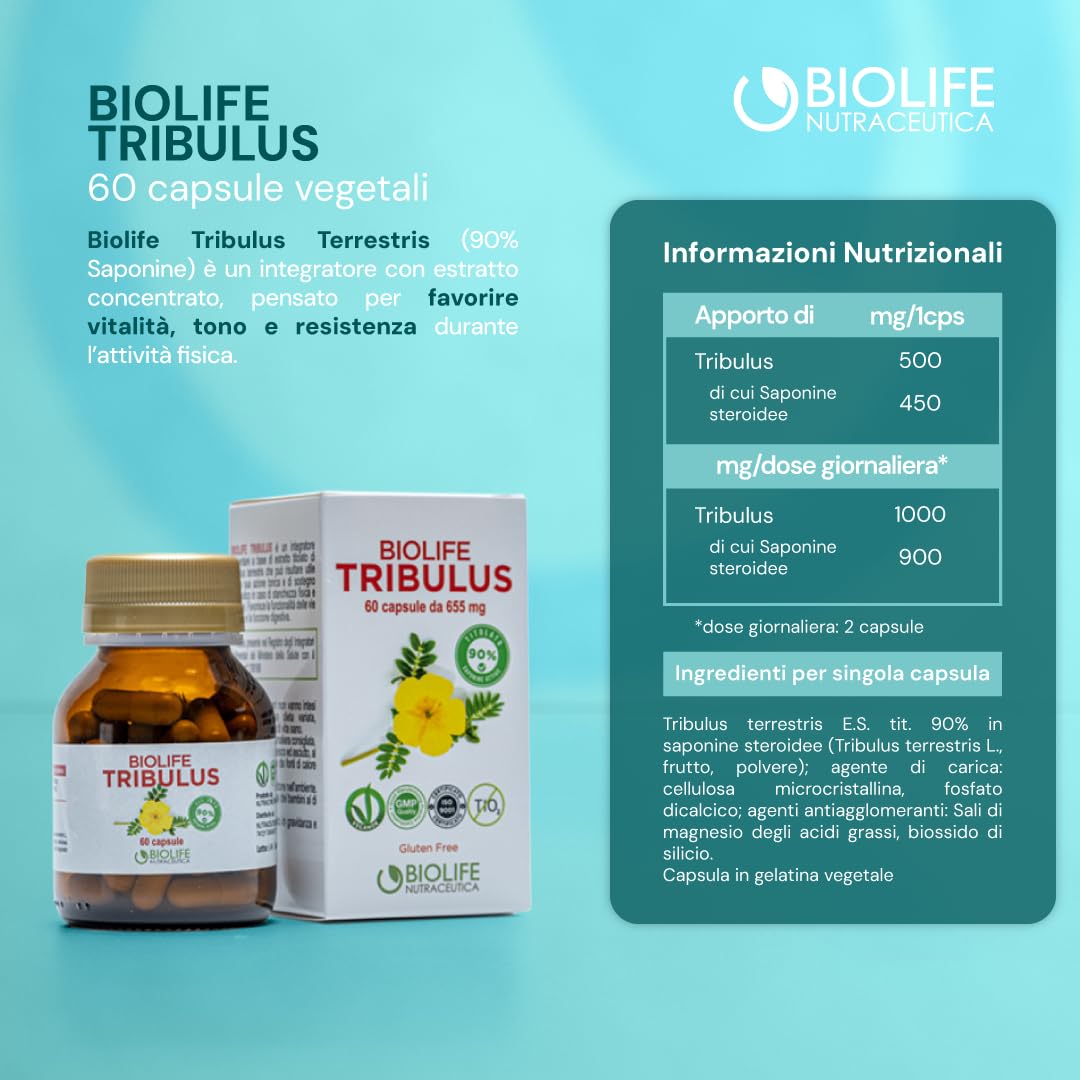 BIOLIFE Tribulus Terrestris | 60 capsule da 655 mg | Titolato 90% SAPONINE ATTIVE | Prodotto VEGANOK, tribulus terrestris alto dosaggio, integratore testosterone uomo, integratore naturale