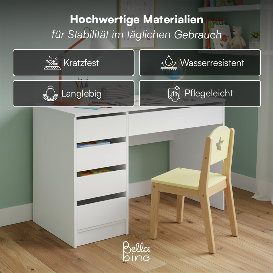 Bellabino Nore Kinderschreibtisch in Weiß mit 5 Schubladen - Jugendschreibtisch 110x53 cm - Schreibtisch Kinder ab 6 Jahren - Schülerschreibtisch mit Schubladen beidseitig montierbar für Kinderzimmer