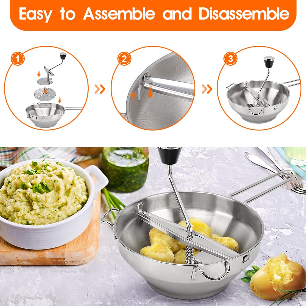 Molinillo Manual Alimentos 3 Discos Acero Inoxidable Antideslizante para Purés Patatas Tomate Vegetales Frutas Puré