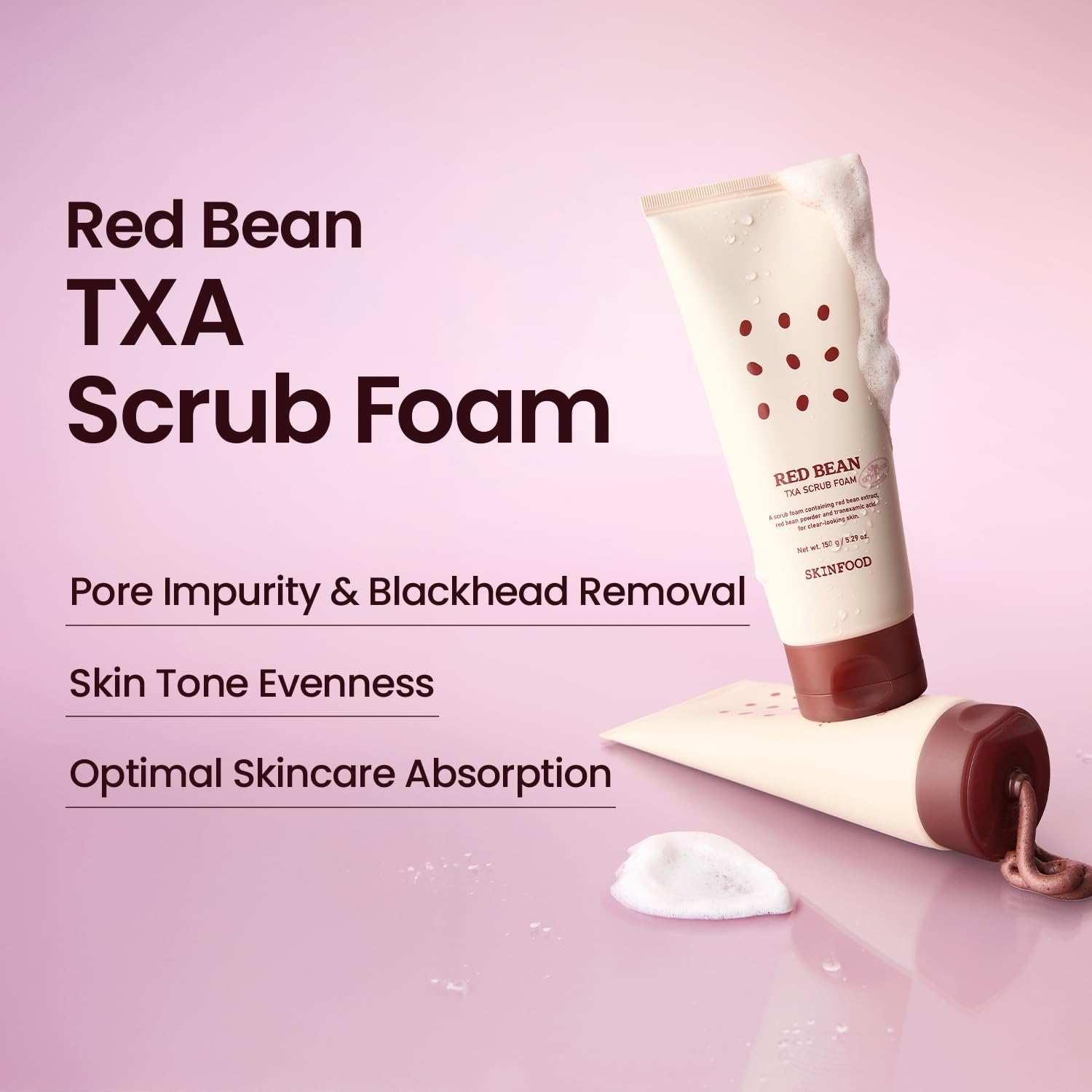 SKINFOOD Red Bean Scrub Foam Cleanser, Korean Exfoliating Face Wash with Red Bean Granules, Deep Cleansing & Smooth Skin Texture Care, Tranexamic acid, Vegan, 150g/5.29 oz image 2