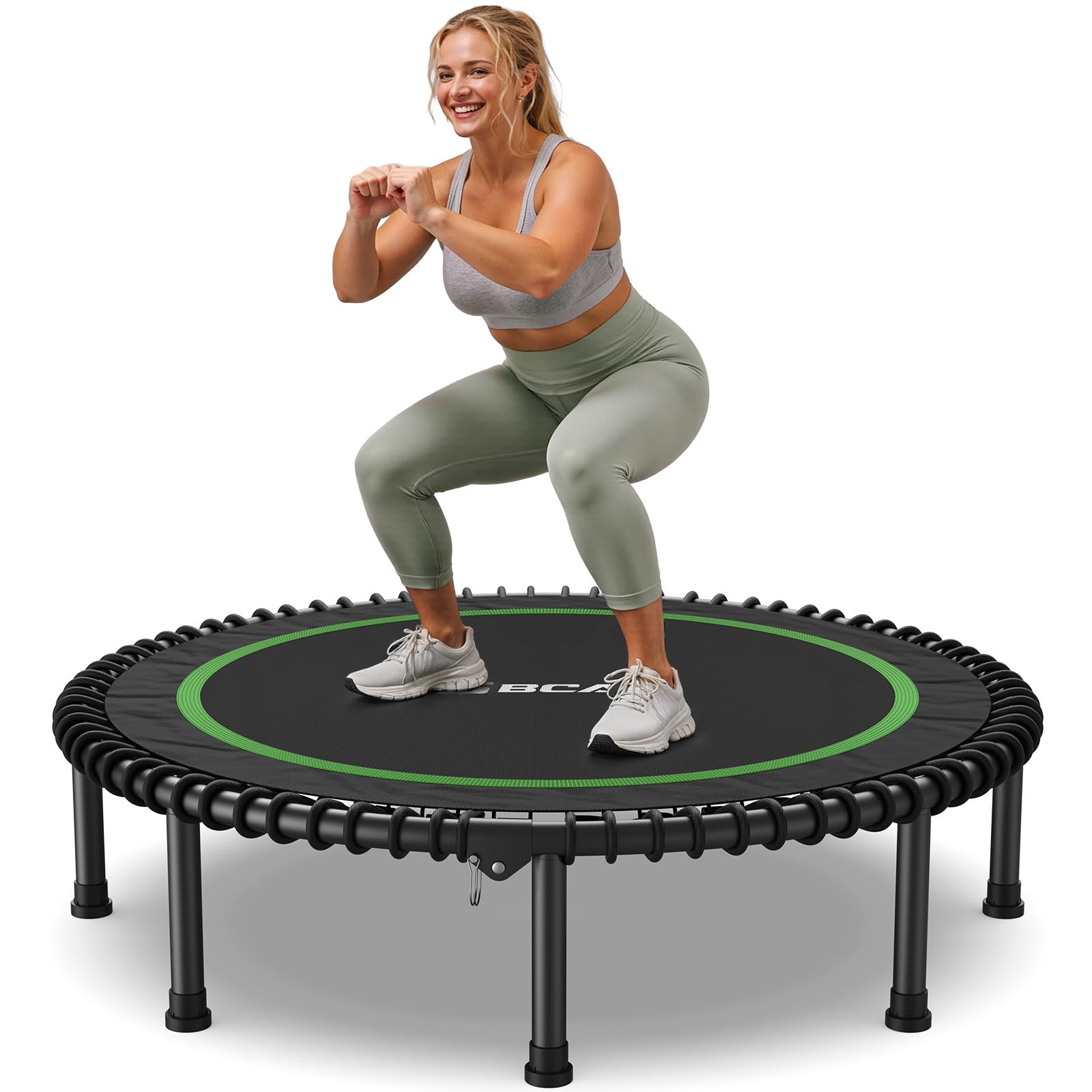 BCAN Foldable Mini Trampoline 102/122cm Fitness Trampoline for Adults with Heavy Duty Rubber Ropes, Stable and Quiet Training Equipment, Ideal for Indoor & Garden Training (122cm-green)