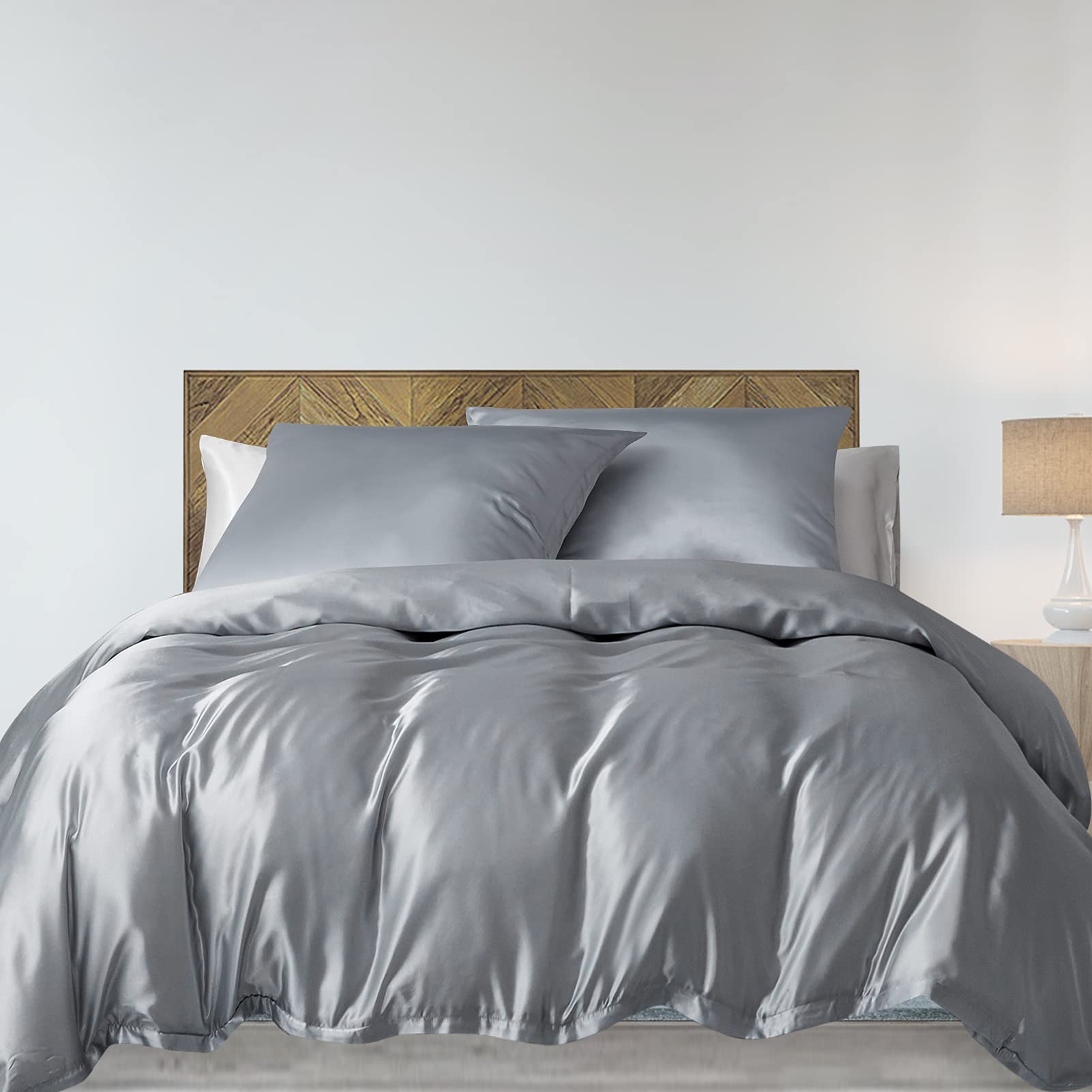 JOYDREAM Queen Satin Duvet Cover Set, Silky Satin Duvet Cover Set, Grey Silk Duvet Cover with Hidden Zipper Design Comforter Cover, Ultra Luxury and Soft, 1 Duvet Cover & 2 Silky Satin Pillowcases