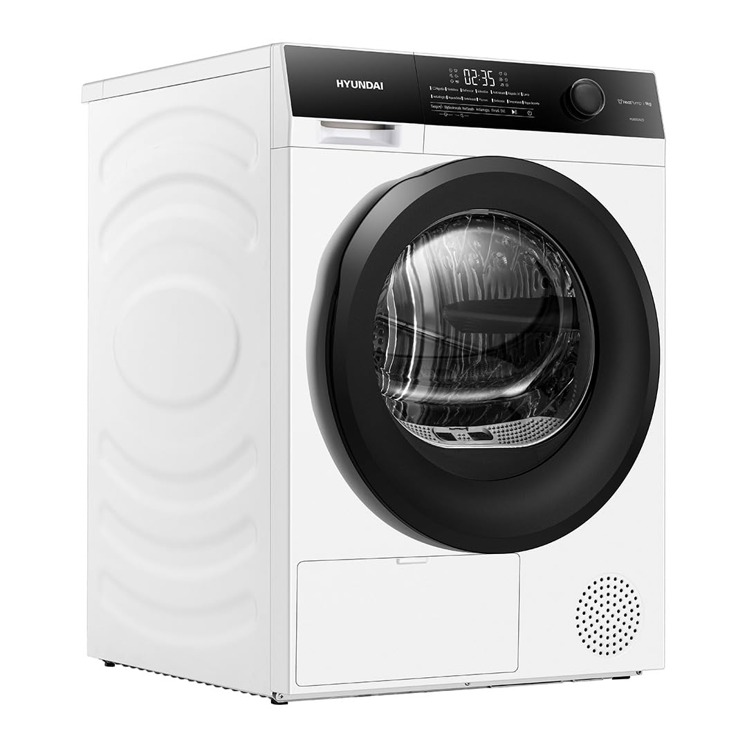 Hyundai Secadora Bomba Calor 9 Kg, Carga Frontal, Blanco, HSB900A2D. 700W, 14 Programas, Función Antiarrugas, Función Antiarrugas, Tambor Waterdrop, Eficiencia Energética Clase A++