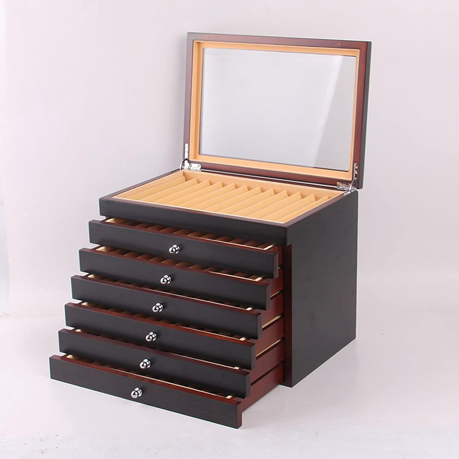 7-lagige Füllfederhalter-Displaybox mit 78 Fächern, Organizer, Aufbewahrungsfach aus Holz, Schubladenetui, Stiftehalter mit Glasfensterdeckel (Farbe: Schwarz)
