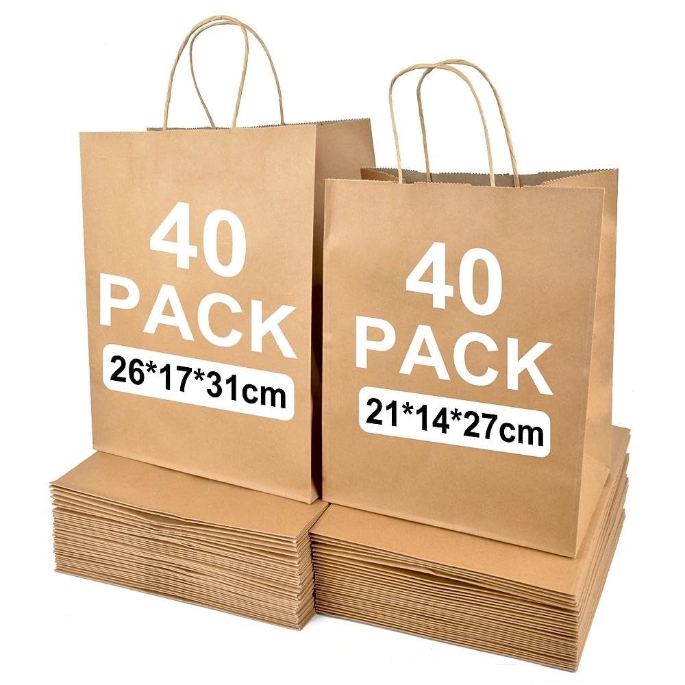 80pcs Kraft Paper Bags with Handles, 2 Sizes Mixed (21x14x27cm+26x17x31cm), Sturdy Paper Carrier Bags for Business, Retail, Shopping & Birthday Gifts
