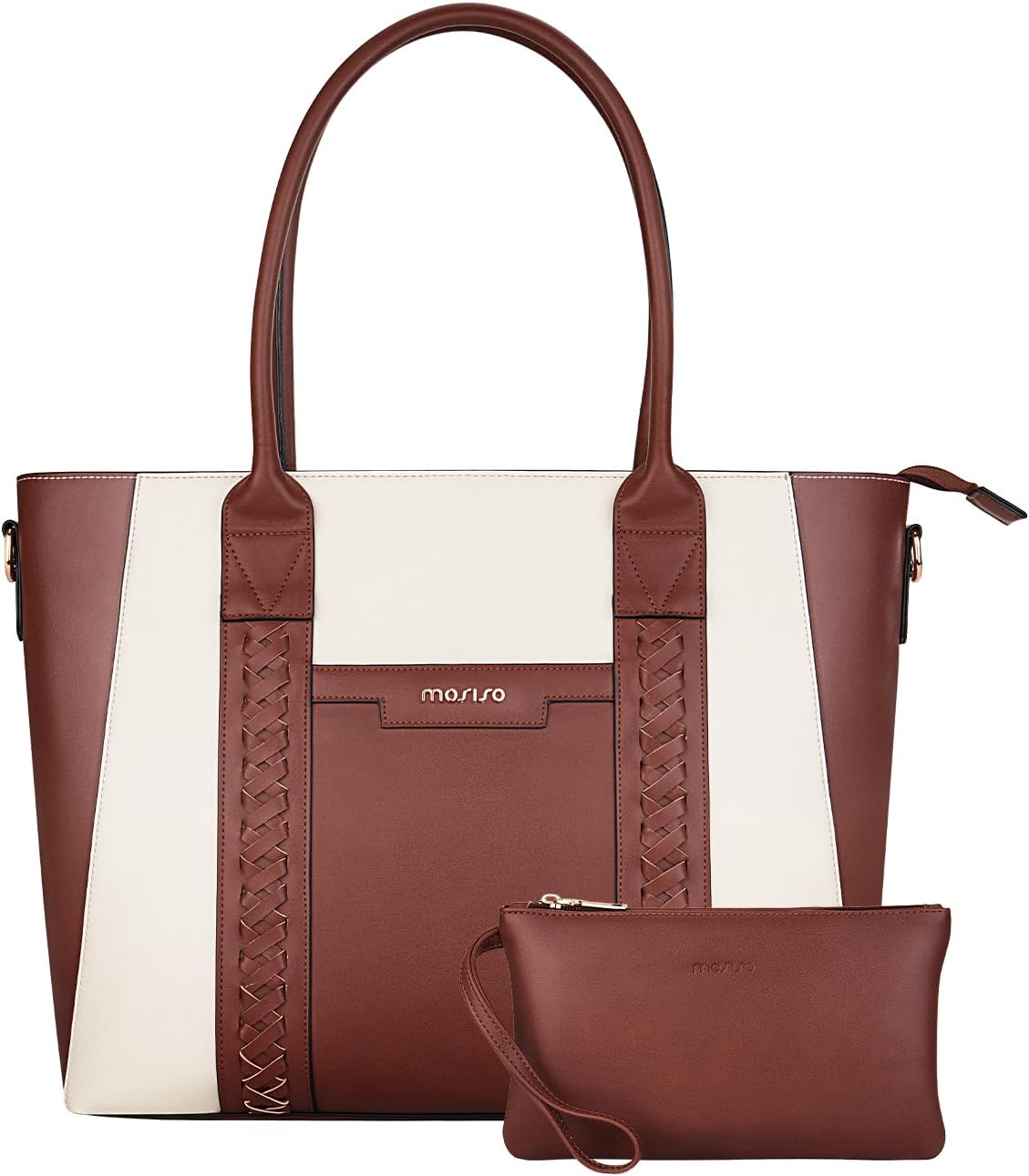 MOSISO Laptop Tote Bag for Women, 15.6 inch PU Leather Work Bag with Double Weave Strips & Clutch Purse, Waterproof Computer Briefcase Shoulder Handbag for Business Office, Brown