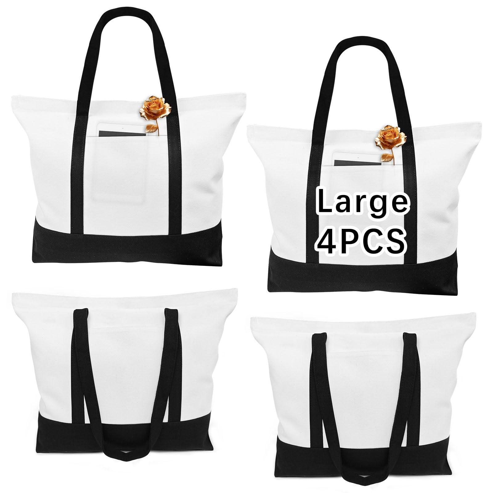 OKBA 4 PCS Stylish canvas tote bags for women,blank large size tote bag With zipper,sublimation tote bag with pockets (Black/white*4PCS)