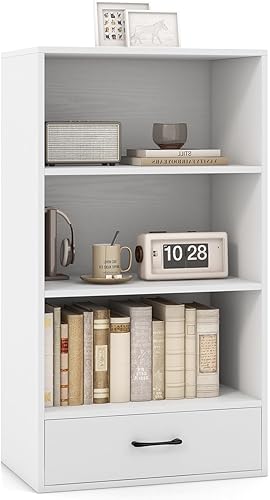 GOFLAME Estantería de 4 niveles con cajón de almacenamiento, moderna estantería alta con 3 estantes abiertos, estantería de almacenamiento