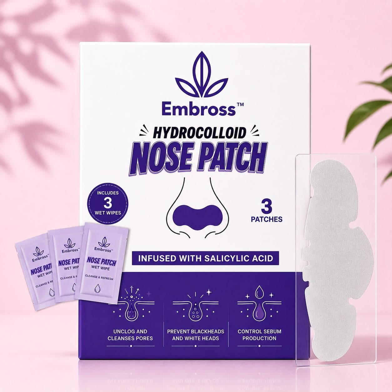 hydrocolloid nose patch with 2% salicylic acid | blackhead and whitehead remover | oil control & deep pore cleansing | infused with tea tree oil | pack of 3 nose patches + 3 wipes