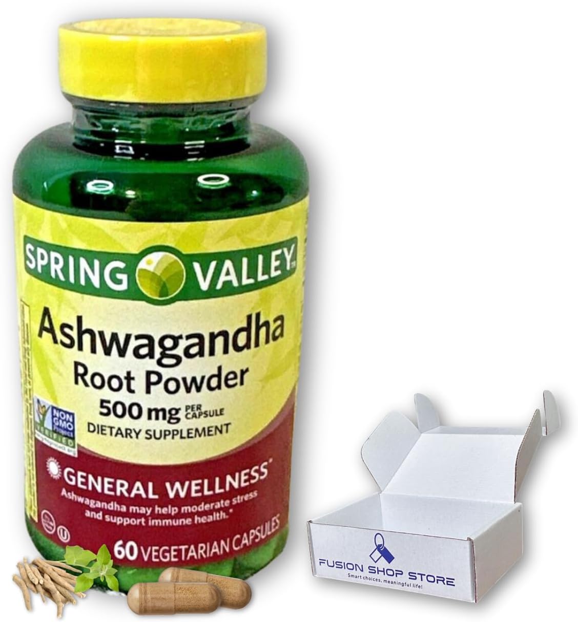 Ashwagandha- 500mg Root Powder, 60 Capsules (Pack of 1), Boxed by Fusion Shop Store