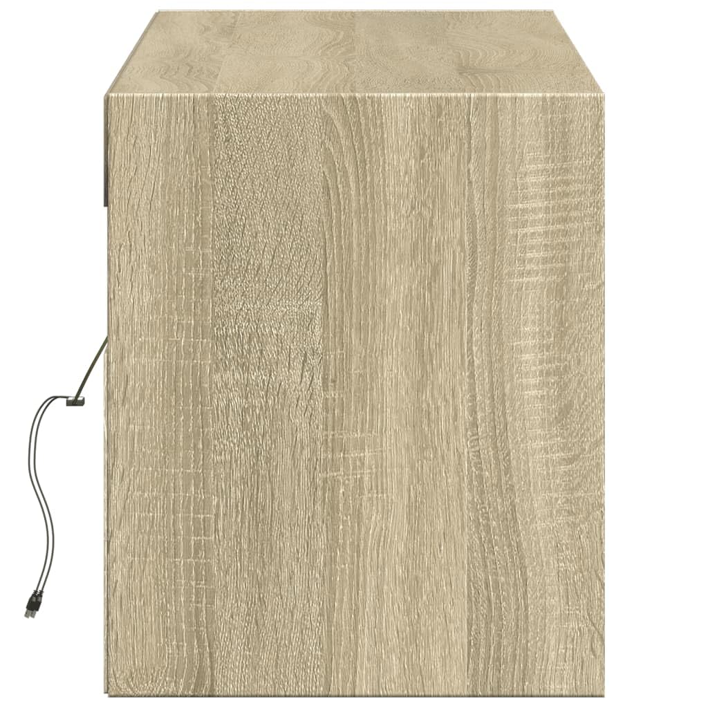 Mueble de TV de pared con iluminación LED RGB, roble de sonoma, 140 x 31 x 38 cm, mueble de TV colgante con 2 cajones, mueble de pared con luz de fondo ajustable, moderno debajo de la TV