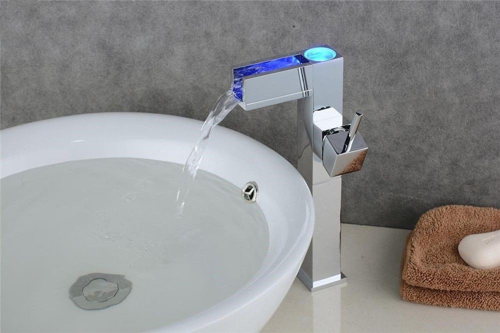 LED Temperature Controlled Discolored Chrome Plated Brass Single Handle One Hole Ceramic Valve Hydroelectric Bathroom Basin Faucet / Bathroom Sink Taps / Basin Mixer Tap/ Bathroom Tap /Bathroom Mixer /Bathroom Basin Mixer Tap / Sink Taps