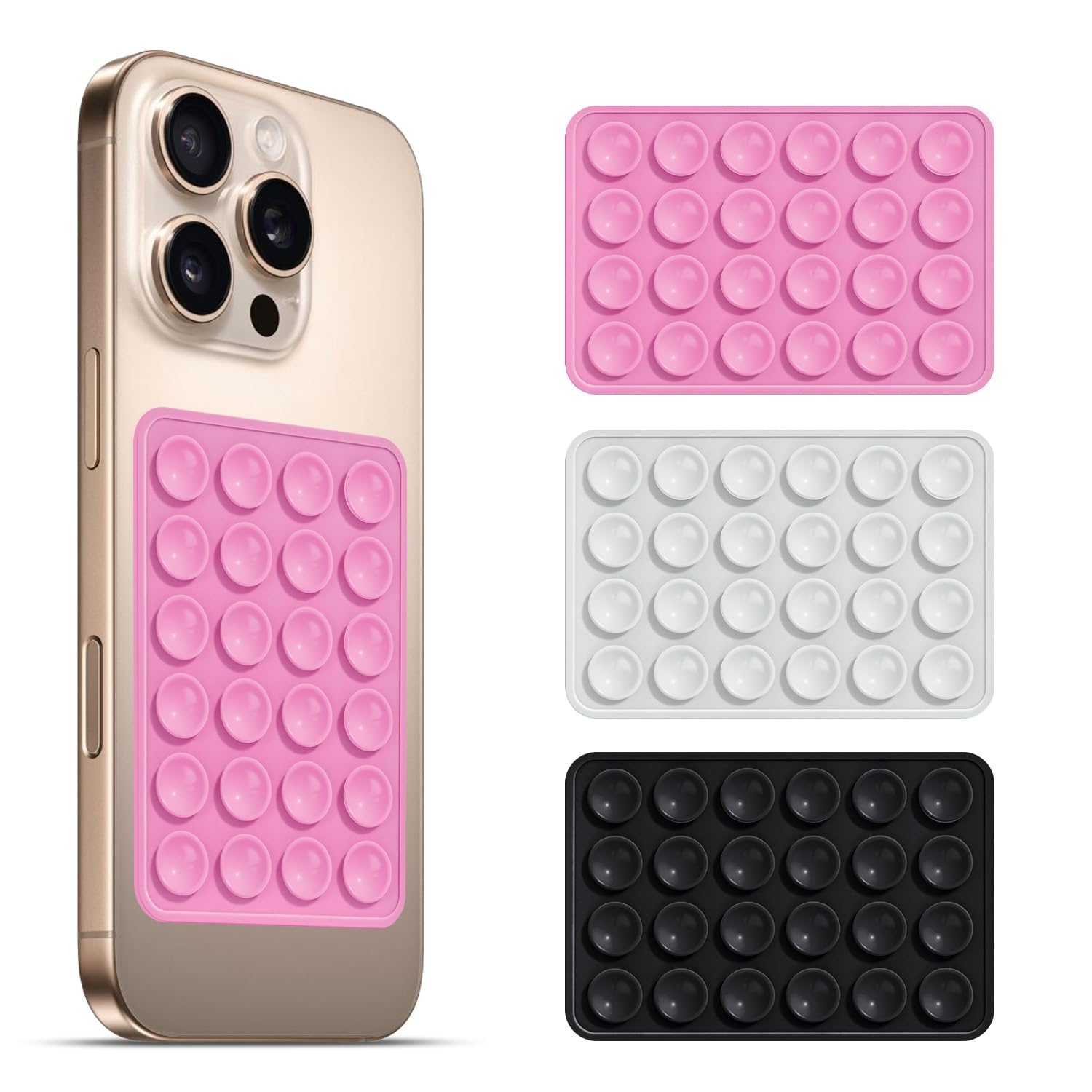 Suction Phone Case Anti-Slip Silicone Hands-Free Sticky Pads for Phone Case Mount for Selfies Videos Mirror Shower Car Dashboard - Black, White, Pink (Pack of 3)-image-47
