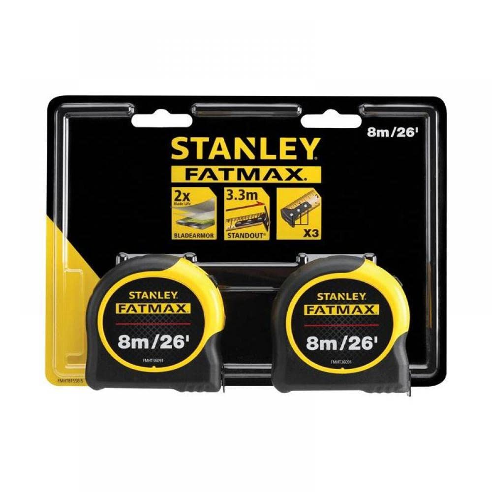 Stanley Tools FatMax Classic Tape Twin Pack 8m/26ft (Width 32mm), Yellow, STA581558