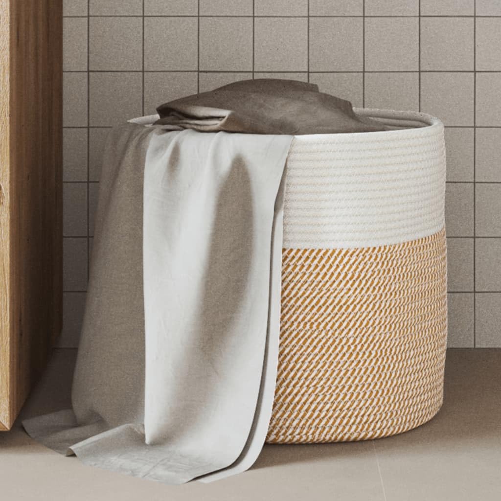 Aufbewahrungskorb Braun Weiß Ø40x35 cm Baumwolle geflochten, vielseitiger Flechtkorb für Wohnzimmer Badezimmer Kinderzimmer, Boho Vintage Naturdesign mit robusten Griffen