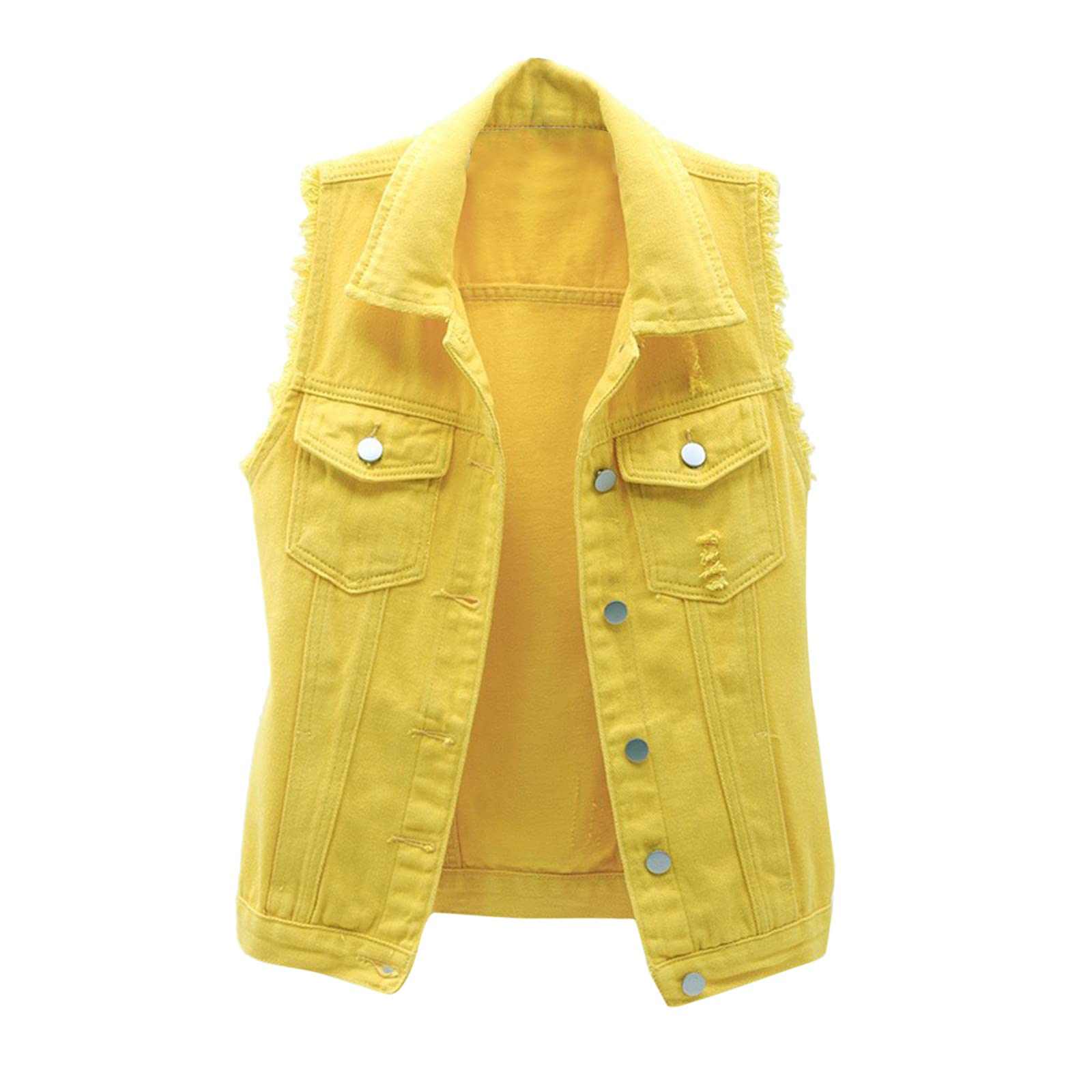 YANH 2021 Women's Fall/Winter Lapel Sleeveless Denim Vests, Solid Color Button Pocket Coats Tops, Casual Jean Jackets