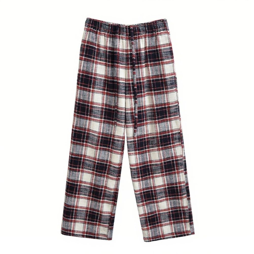 Womens Gingham Pants Casual Elastic Waist Drawstring Lightweight Straight Wide Leg Plaid Pants with Pockets