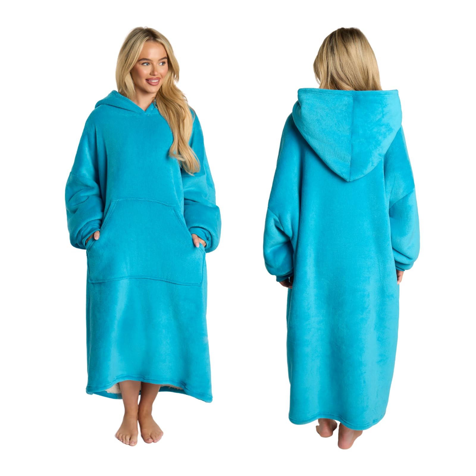 Oversized Sherpa Fleece Hoodie Blanket - Wearable Sweatshirt Loungewear - Bright Blue - One Size