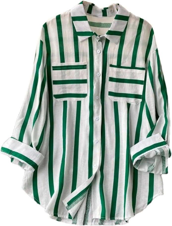 Women's Spliced Pockets Striped Lapel Collar Long Sleeve Loose Shirts Spring Summer Casual Button Down Blouse