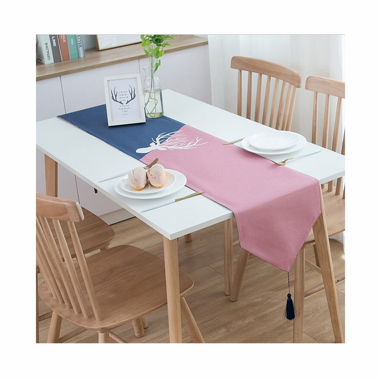 Camino de Mesa Rustico, Centro Mesa Comedor Decoracion Estilo Nórdico Ciervo Rosa Azul Oscuro Poliéster 33x180CM