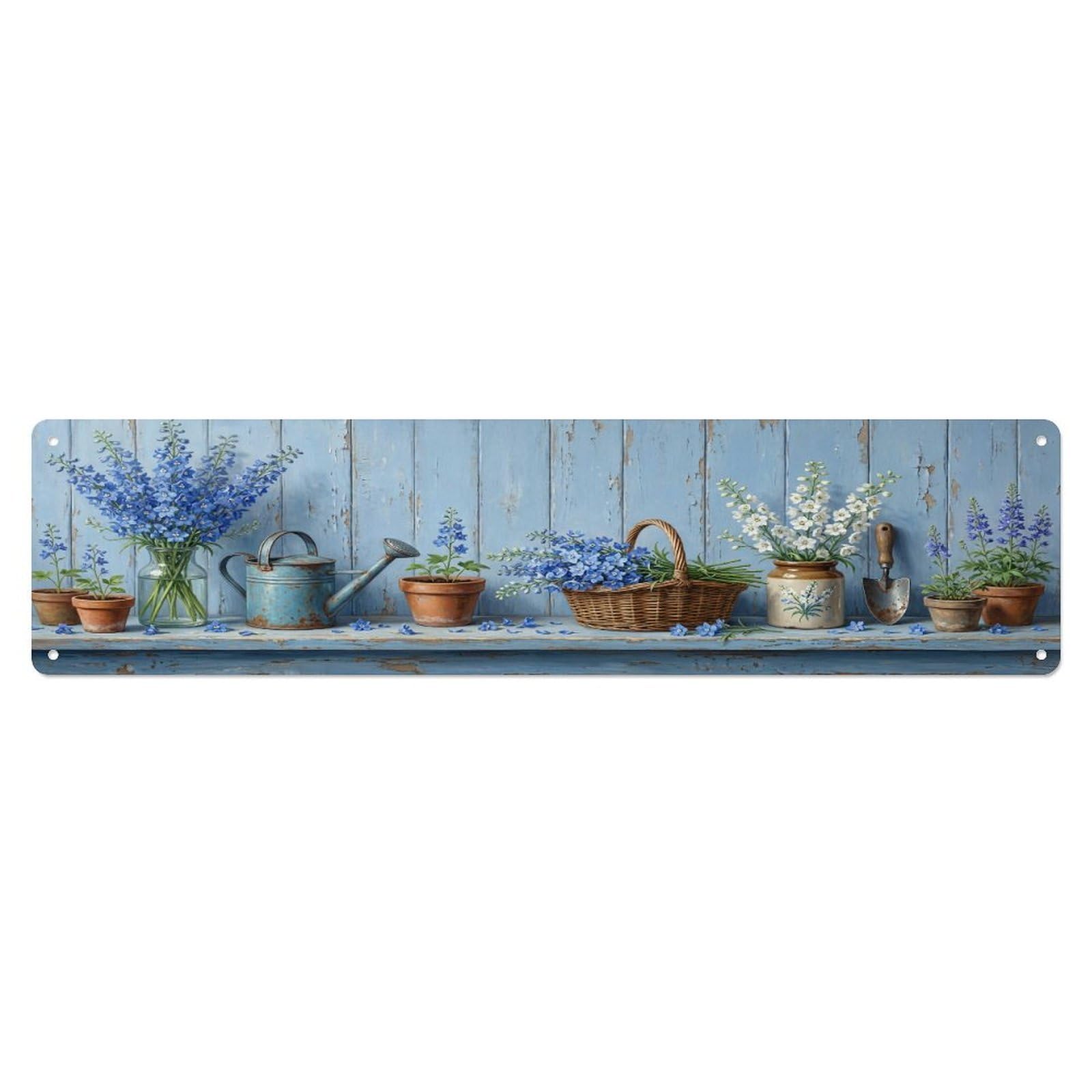 Floral Garden Tools Delphinium Spire Pattern Print Metal Tin Sign